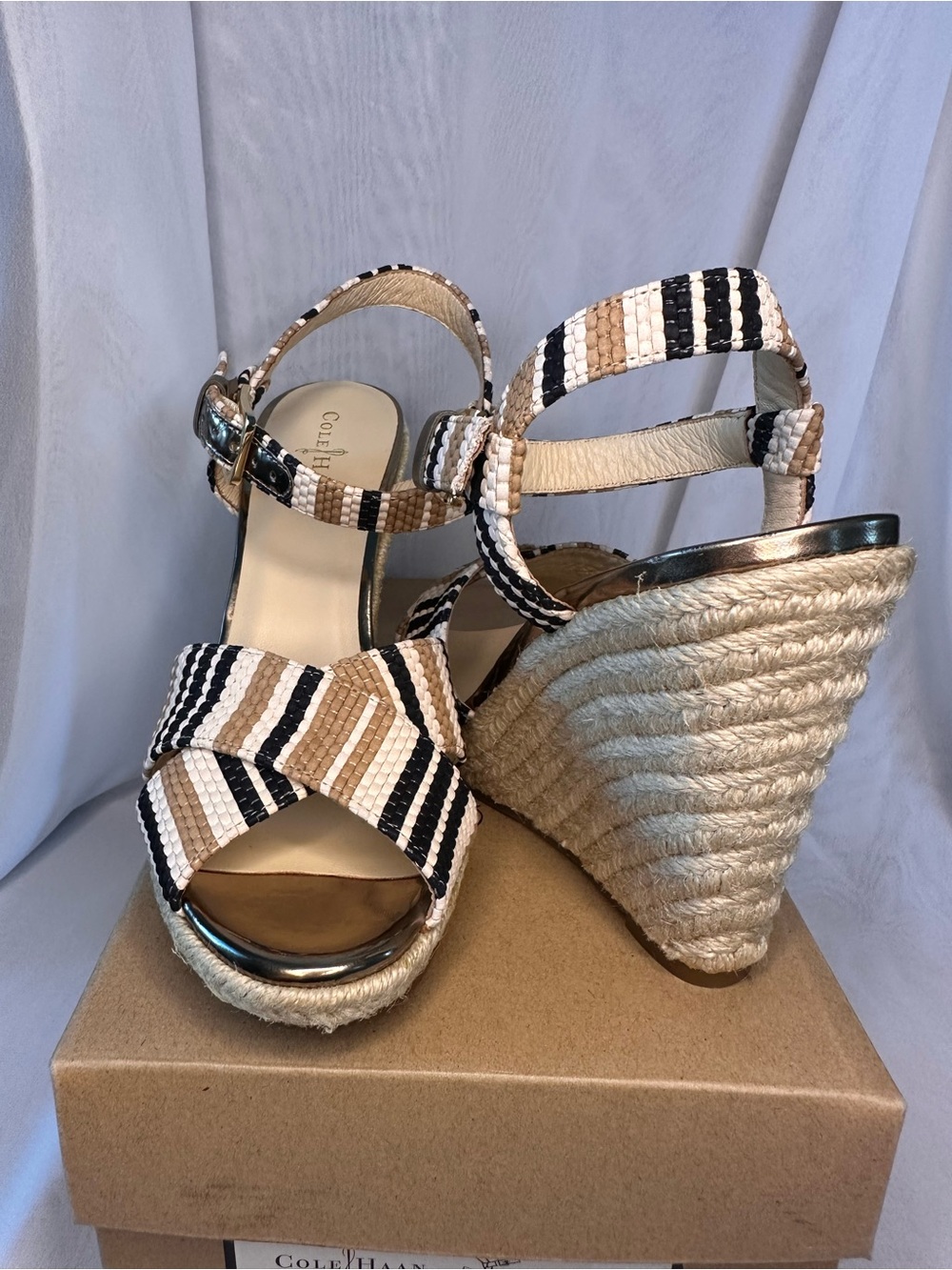 Cole Haan Beige, Black & White Striped Woven Ankle-Strap Sandals - Picture 6 of 11